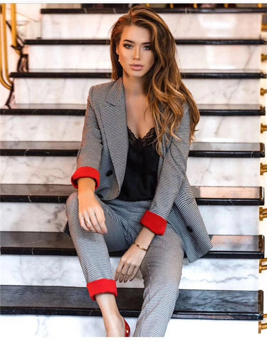 Image of Women's Costumes Suits Classic Office Business Plaid Patchwork Double-breasted Pantsuit Female Autumn Blazer Trouser Suit Set