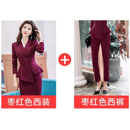 Image of 2020 Female Formal Elegant Office Work Wear Uniform OL Ladies Trousers Blazers Jacket with Tops Pant Suits 2 Pieces Sets Clothes
