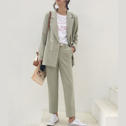 Image of Vintage Autumn Winter Thicken Women Pant Suit Light Green Notched Blazer Jacket & Pant 2019 Office Wear Women Suits Female Sets