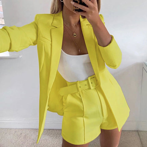 Image of hot sale new 2019 ins explosion Women's clothing autumn long sleeve cardigan jacket shorts solid color two-piece Lady suit real