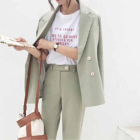 Image of Vintage Autumn Winter Thicken Women Pant Suit Light Green Notched Blazer Jacket & Pant 2019 Office Wear Women Suits Female Sets