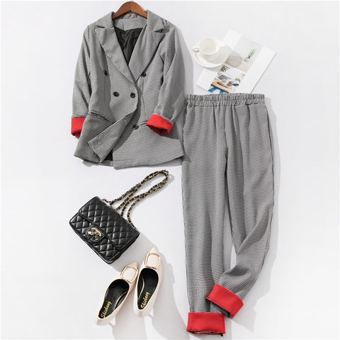 Image of Women's Costumes Suits Classic Office Business Plaid Patchwork Double-breasted Pantsuit Female Autumn Blazer Trouser Suit Set
