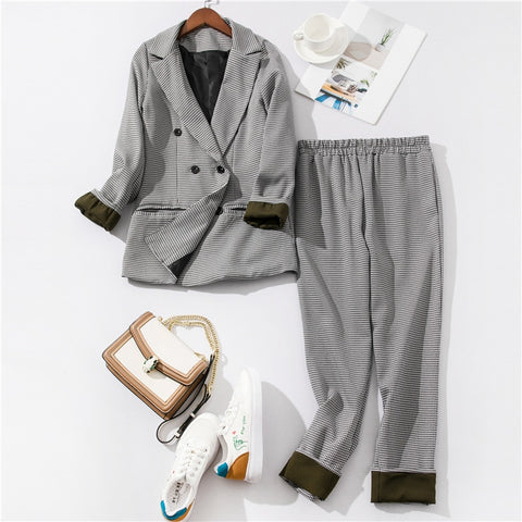 Image of Women's Costumes Suits Classic Office Business Plaid Patchwork Double-breasted Pantsuit Female Autumn Blazer Trouser Suit Set